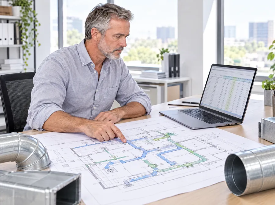 El Ingeniero de Estudio TREO recorre con el dedo un conducto en el plano impreso de ventilación mientras compara con la planilla de cálculo en la computadora